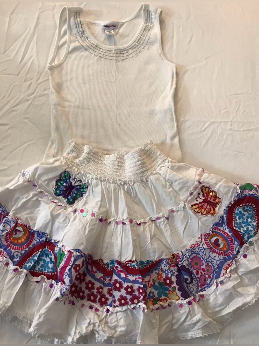 Limited Too White Tank Top Sz 10 White Butterfly Ruffle Skirt Girl Sz 6 Outfit